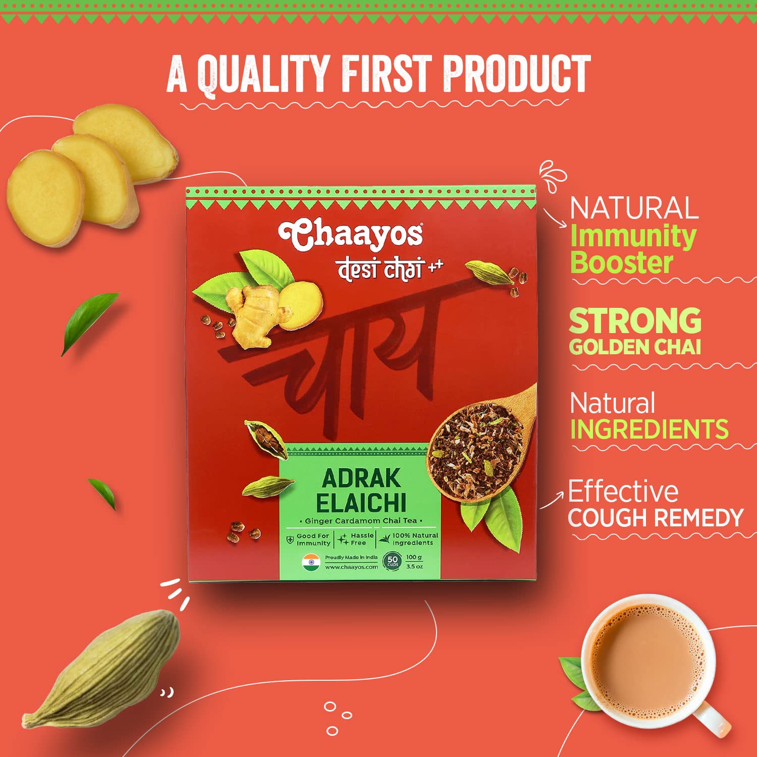 Chaayos Adrak Elaichi Tea (Ginger and Cardamom) - Premium Desi Chai Patti for Authentic Masala Flavour | Immunity Booster- 100g