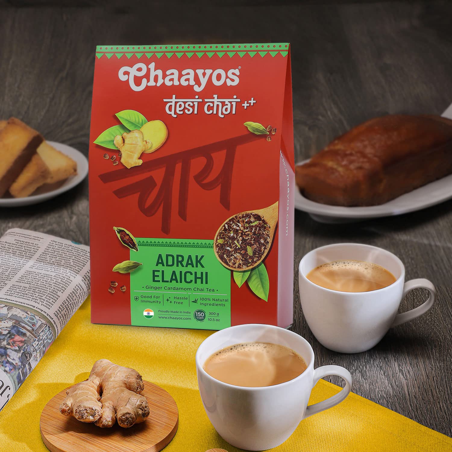 Chaayos Adrak Elaichi Tea (Ginger and Cardamom) - Premium Desi Chai Patti for Authentic Masala Flavour | Immunity Booster- 100g