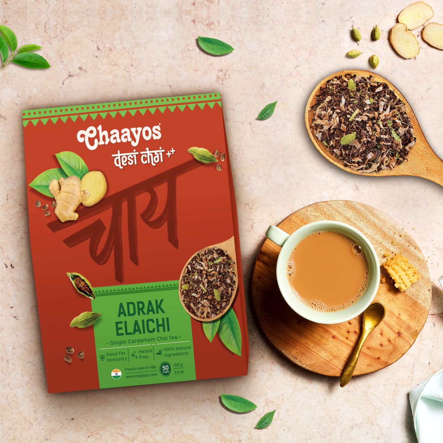 Chaayos Adrak Elaichi Tea (Ginger and Cardamom) - Premium Desi Chai Patti for Authentic Masala Flavour | Immunity Booster- 100g