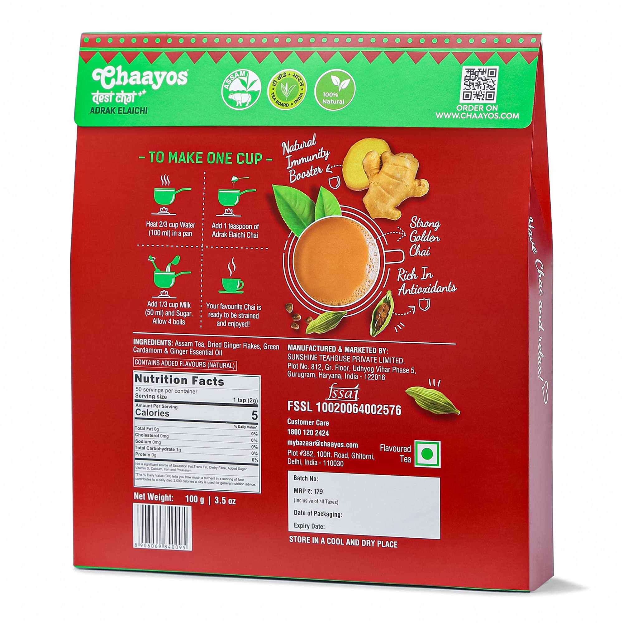 Chaayos Adrak Elaichi Tea (Ginger and Cardamom) - Premium Desi Chai Patti for Authentic Masala Flavour | Immunity Booster- 100g