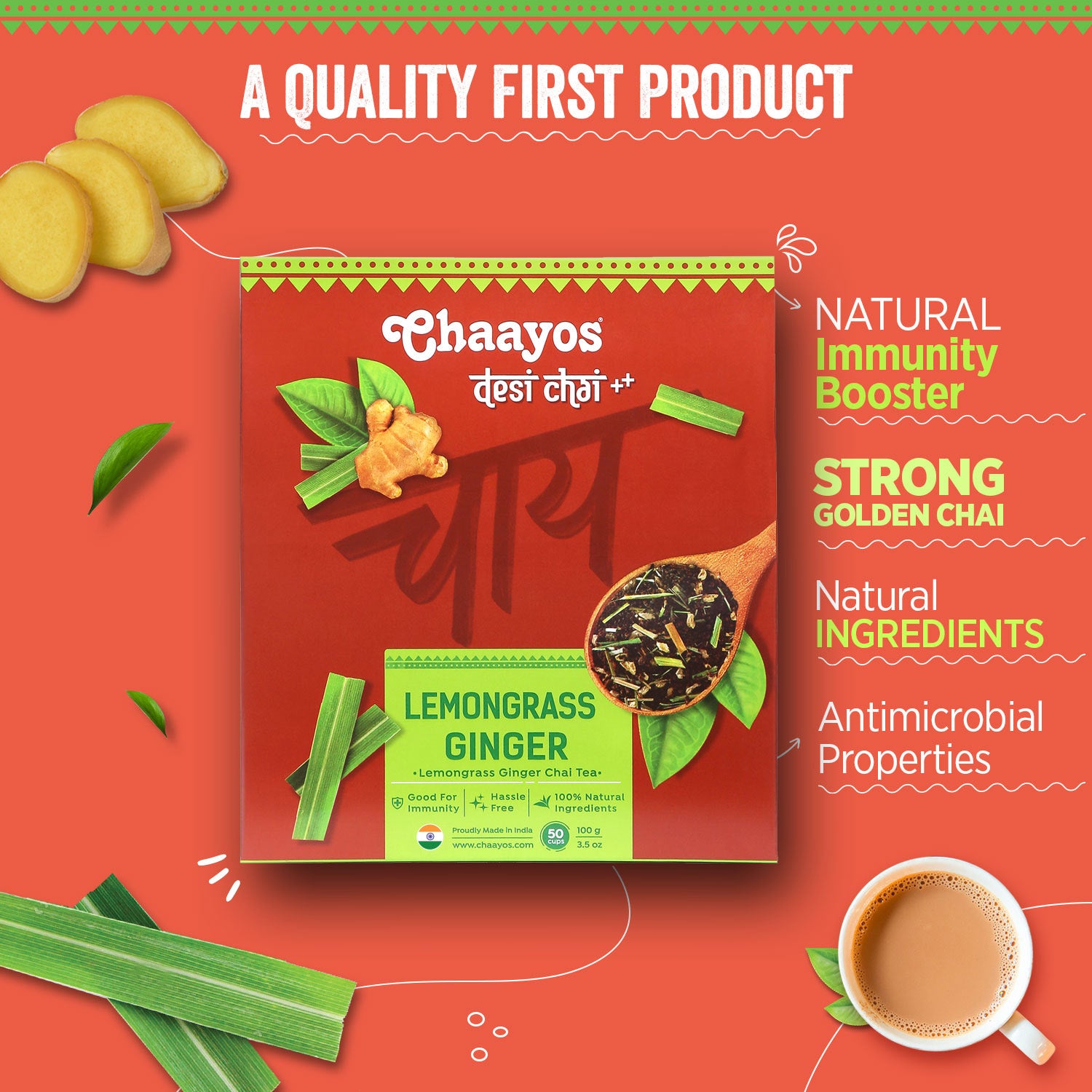 Chaayos Lemongrass Ginger Tea - Premium Ginger Chai Patti for Cough & Cold Remedy (100g)