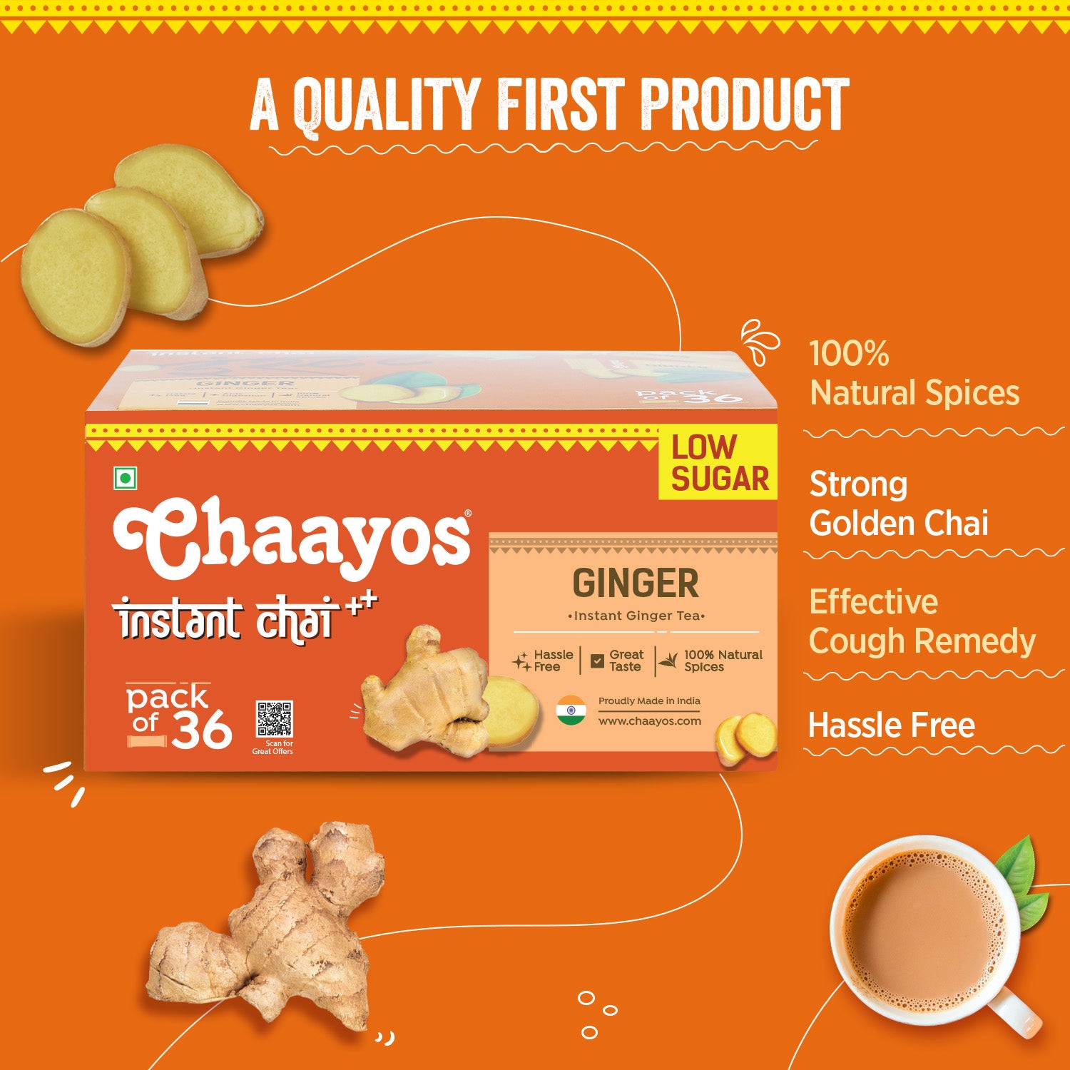 Chaayos Instant Tea Premix - Ginger Flavour - Low Sugar (36 Sachets) | Instant Tea | Tea Premix | Ginger Tea