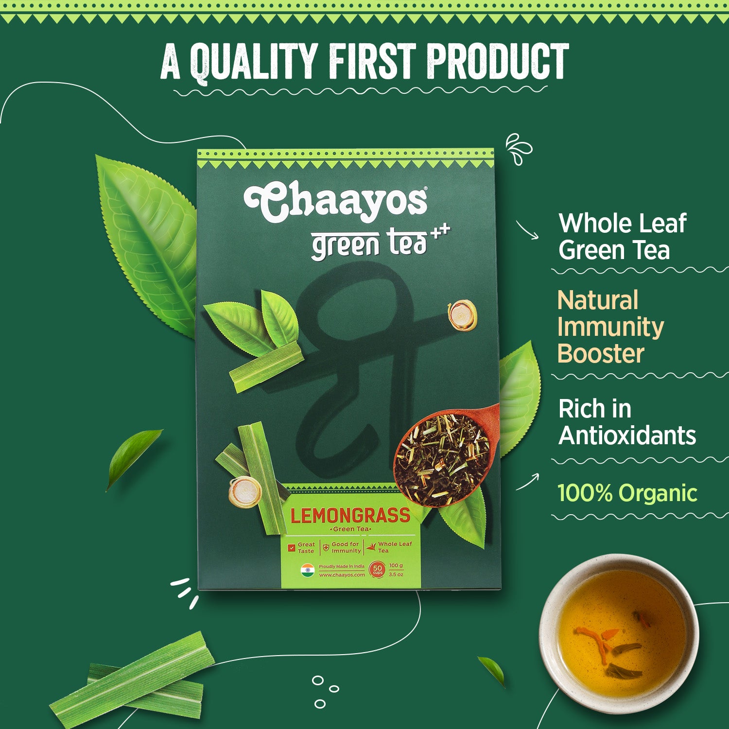 Chaayos Lemongrass Green Tea - Whole Leaf Loose Tea | Immunity Boosting - 100g [50 Cups]