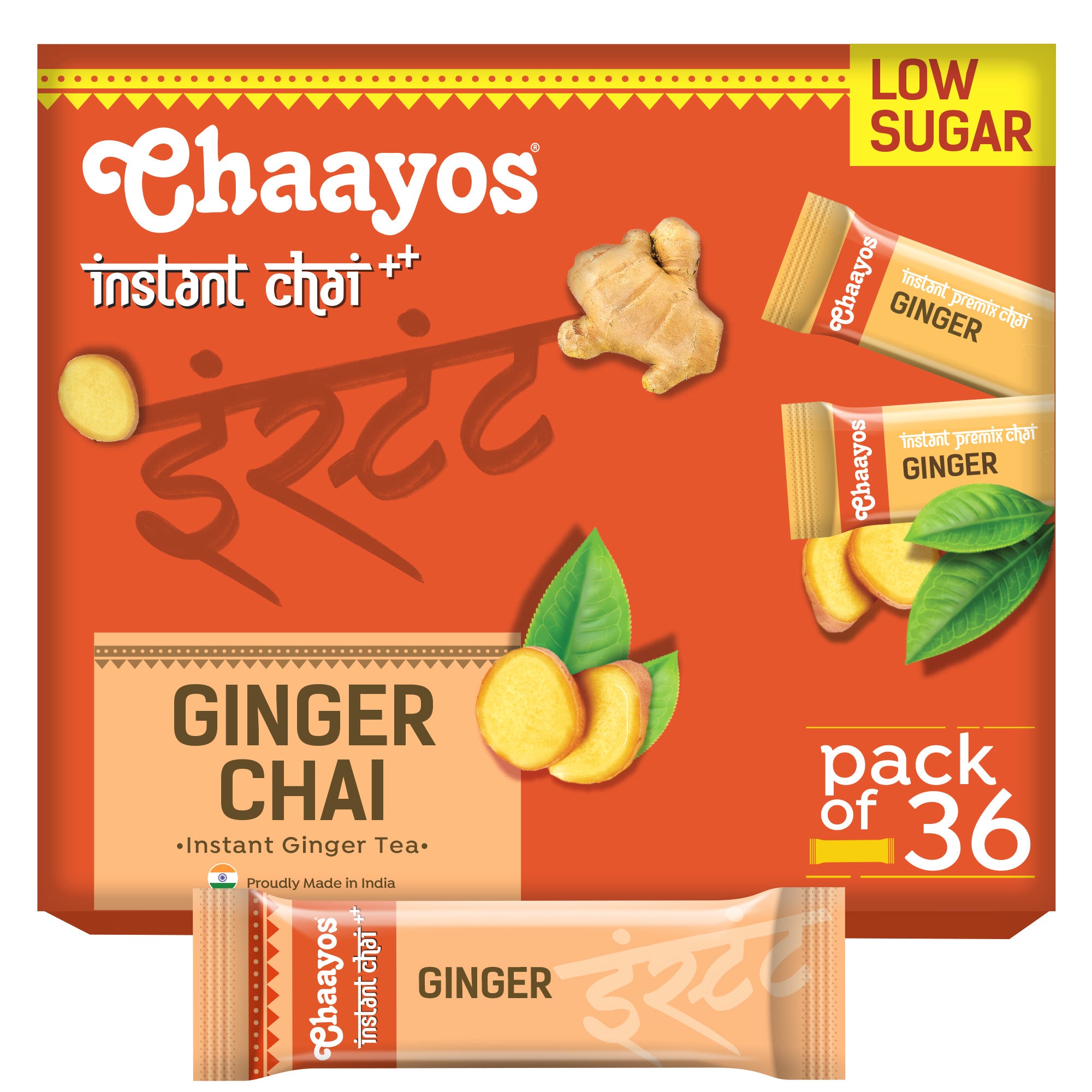 Chaayos Instant Tea Premix - Ginger Flavour - Low Sugar (36 Sachets) | Instant Tea | Tea Premix | Ginger Tea