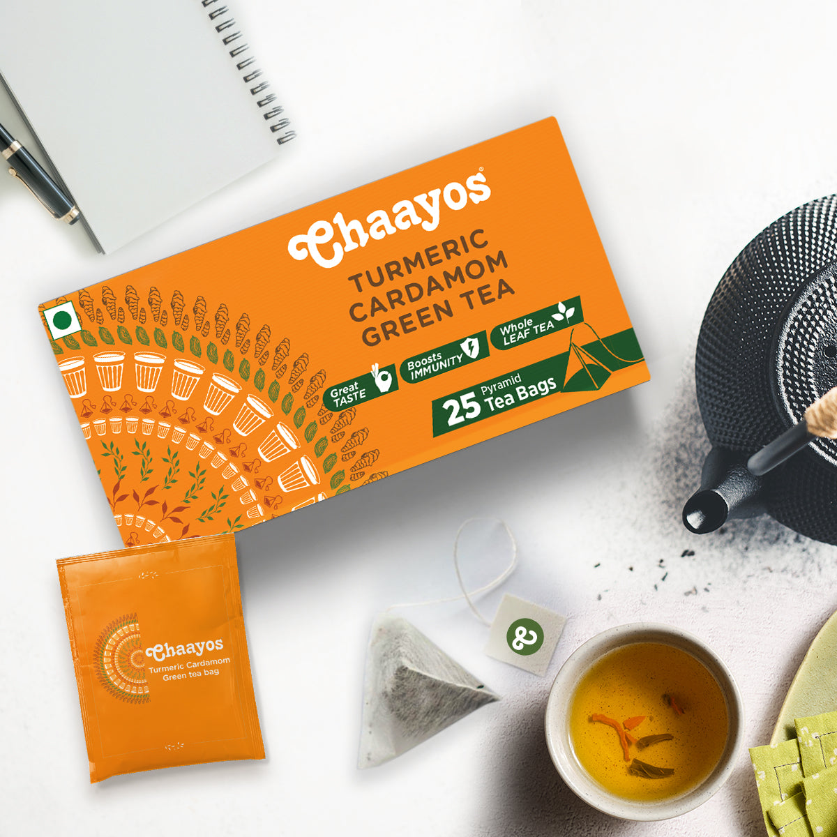 Chaayos Turmeric Cardamom Green Tea Bags (25 Pyramid Tea Bags)