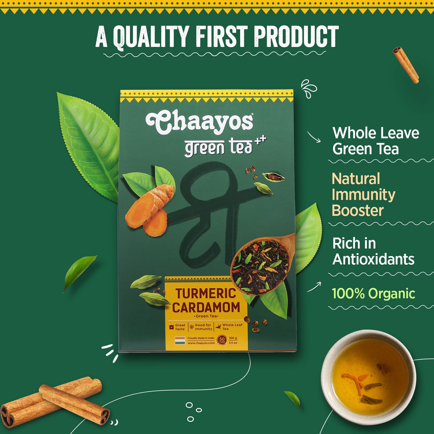 Chaayos Turmeric Cardamom Green Tea | Whole Leaf Loose Tea | Immunity Boosting - 100g [50 Cups]