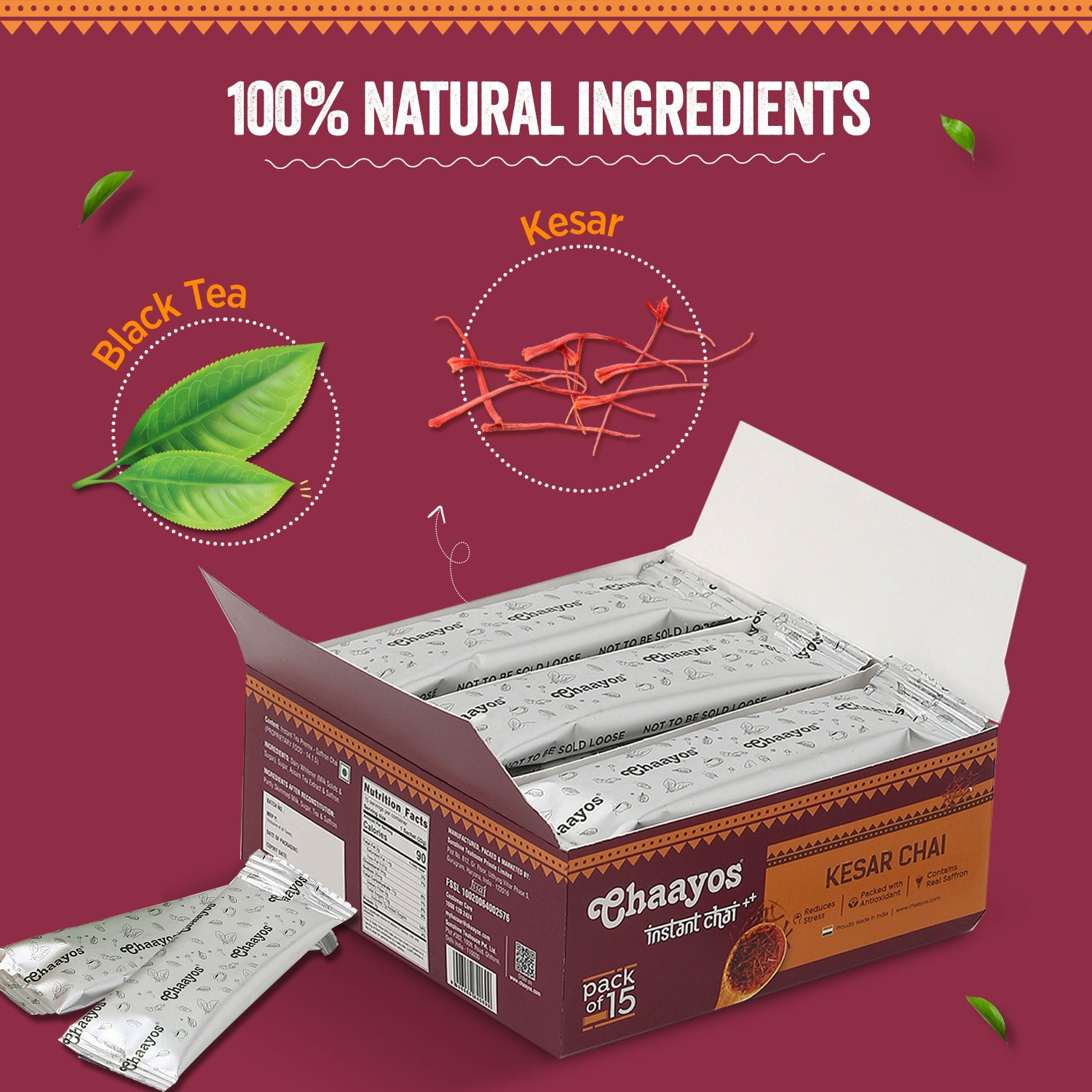 Chaayos Instant Tea Premix - Kesar-Regular Sugar (15 Sachets) | Best Kesar Chai
