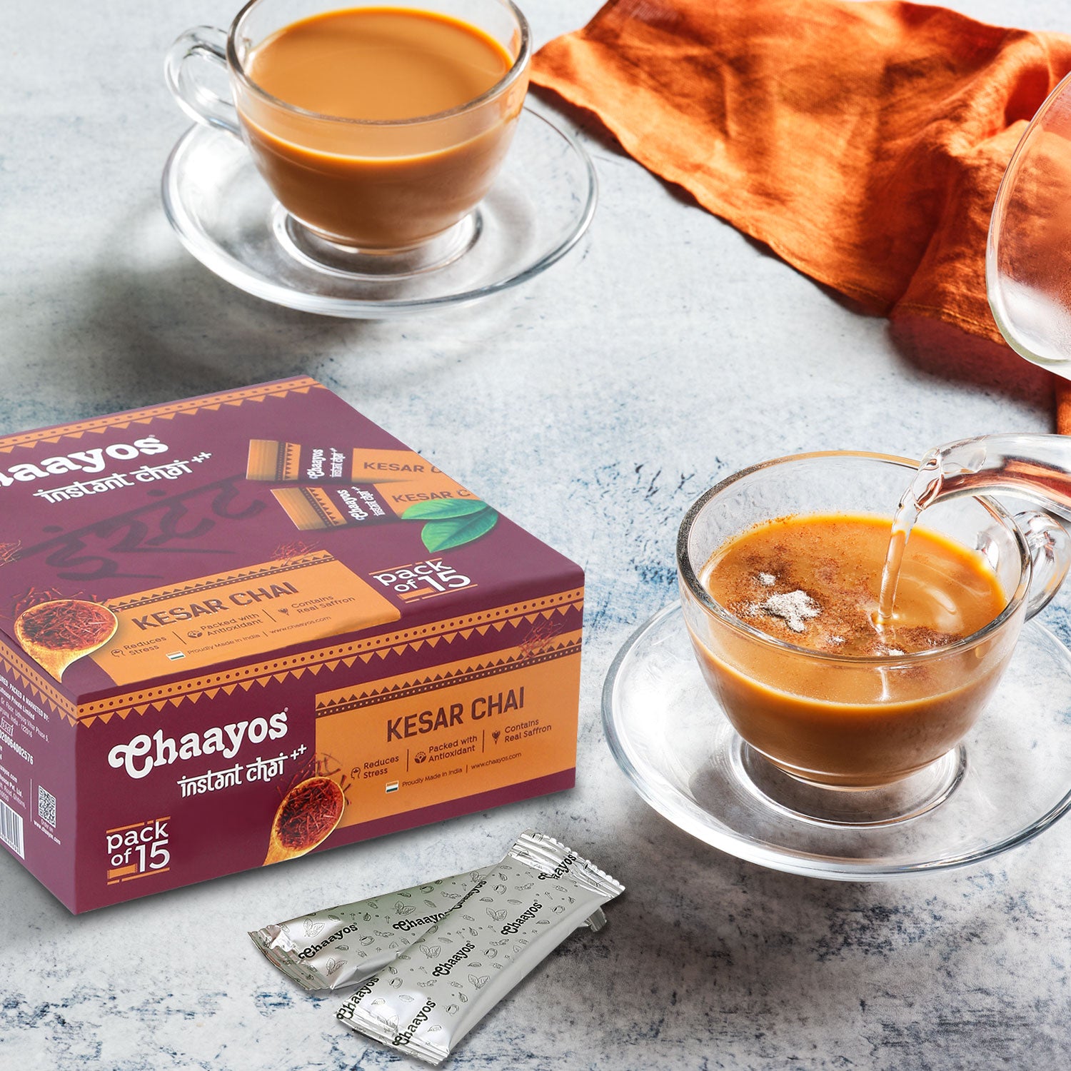 Chaayos Instant Tea Premix - Kesar-Regular Sugar (15 Sachets) | Best Kesar Chai