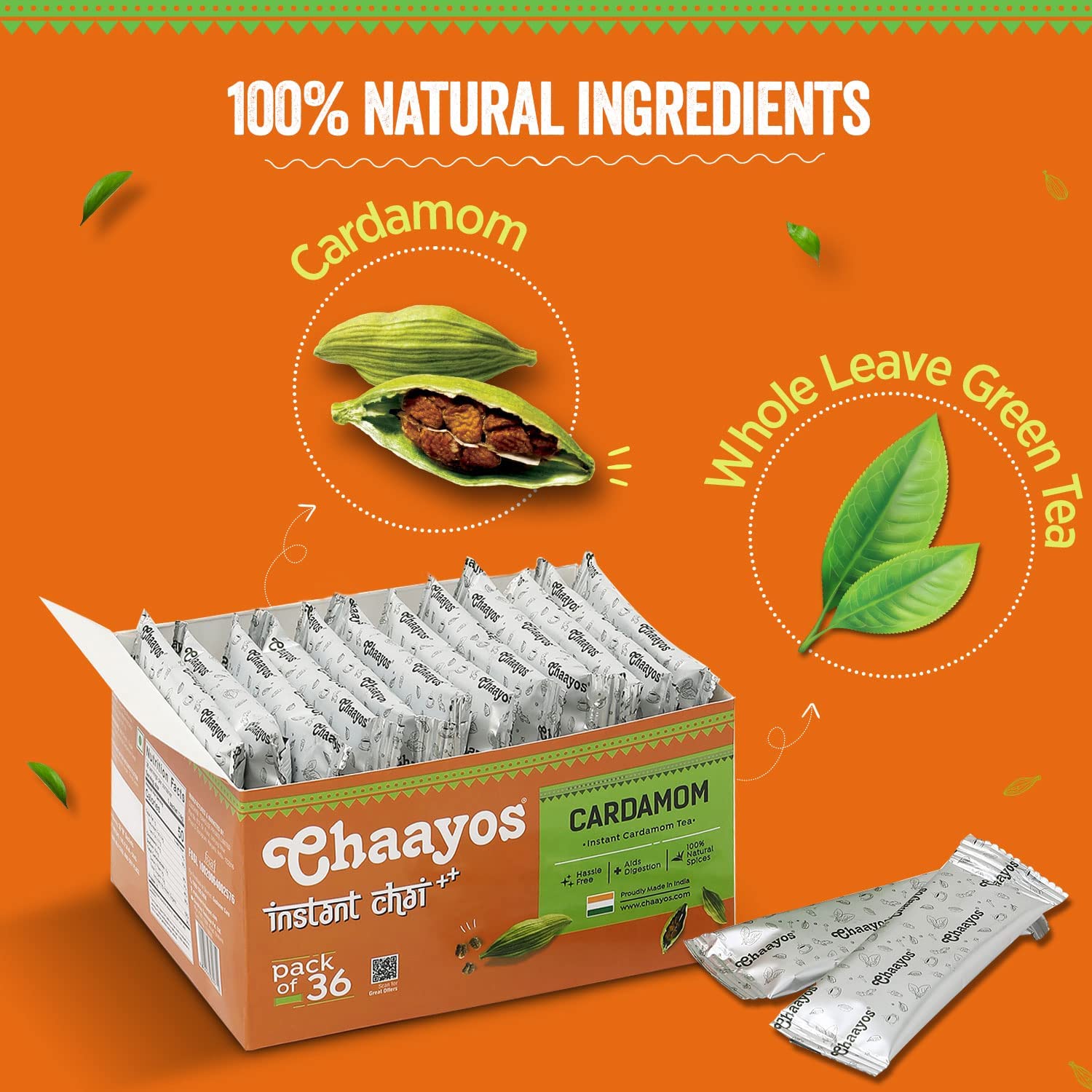 Chaayos Instant Tea Premix - Cardamom Flavour - Low Sugar (36 Sachets) | Instant Tea | Tea Premix | Cardamom Tea