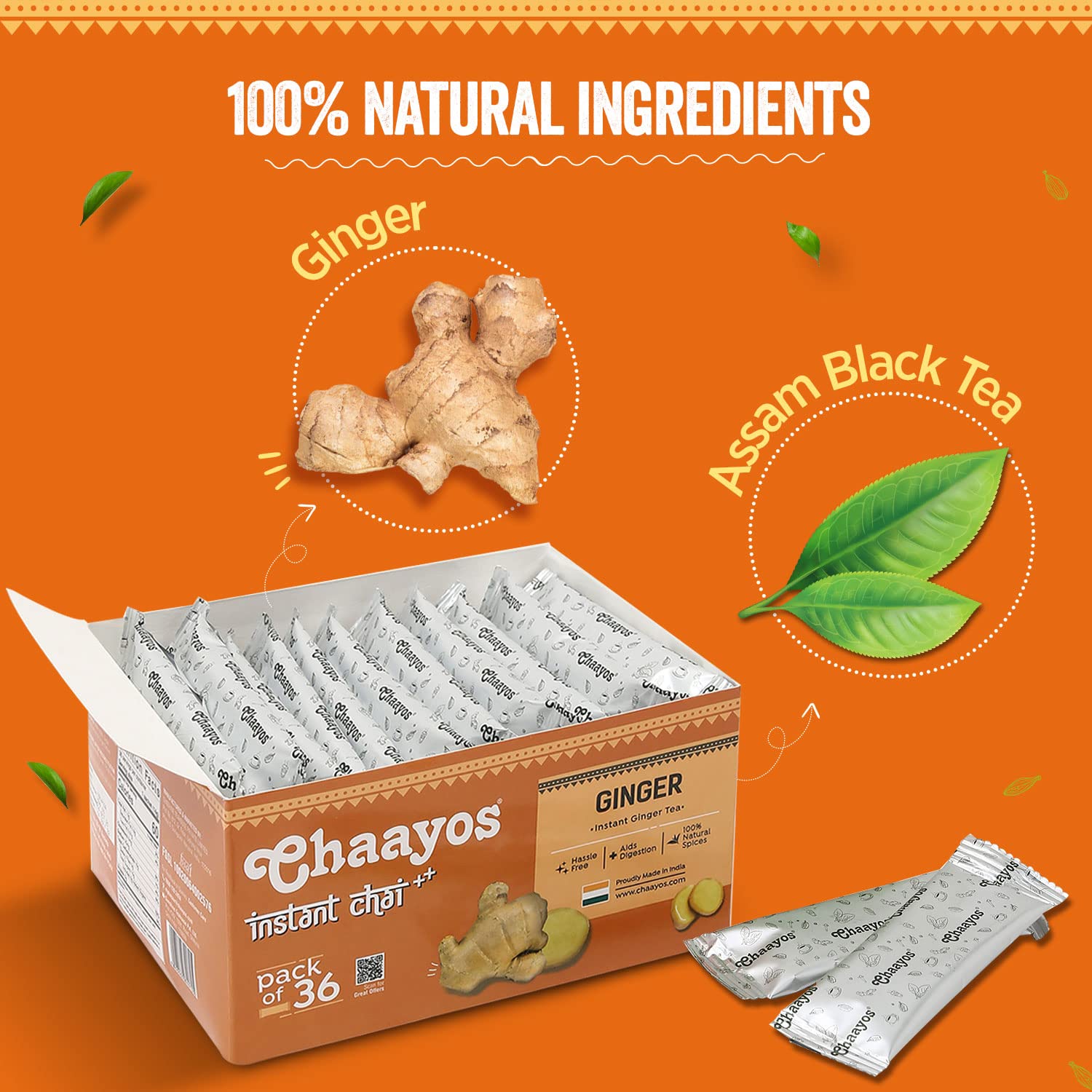 Chaayos Instant Tea Premix - Ginger Flavour - Low Sugar (36 Sachets) | Instant Tea | Tea Premix | Ginger Tea