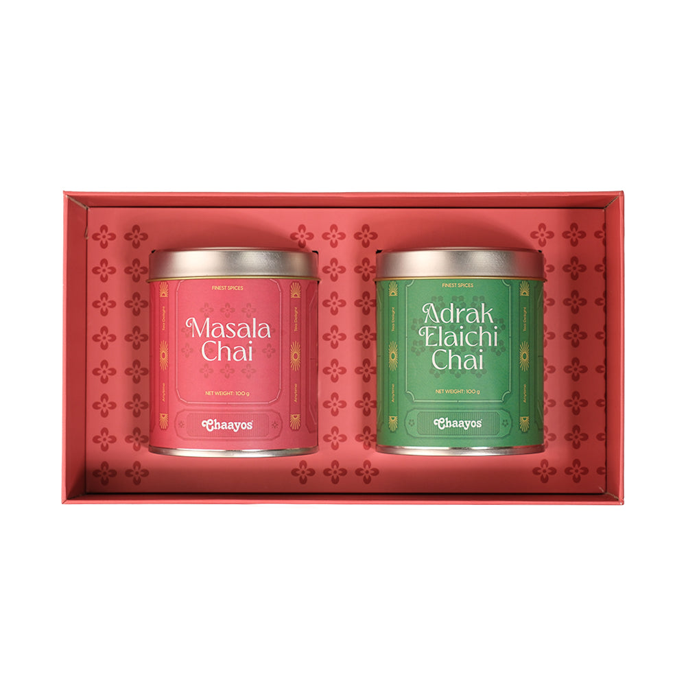 Chaayos Festival Gift Box| Masala tea & Adrak Eliachi chai for tea lovers | Tea Gift Hamper| Gift hamper for Friends & Family | Premium Gift Box 2 tins (100 gms each) of Masala Chai and Adrak