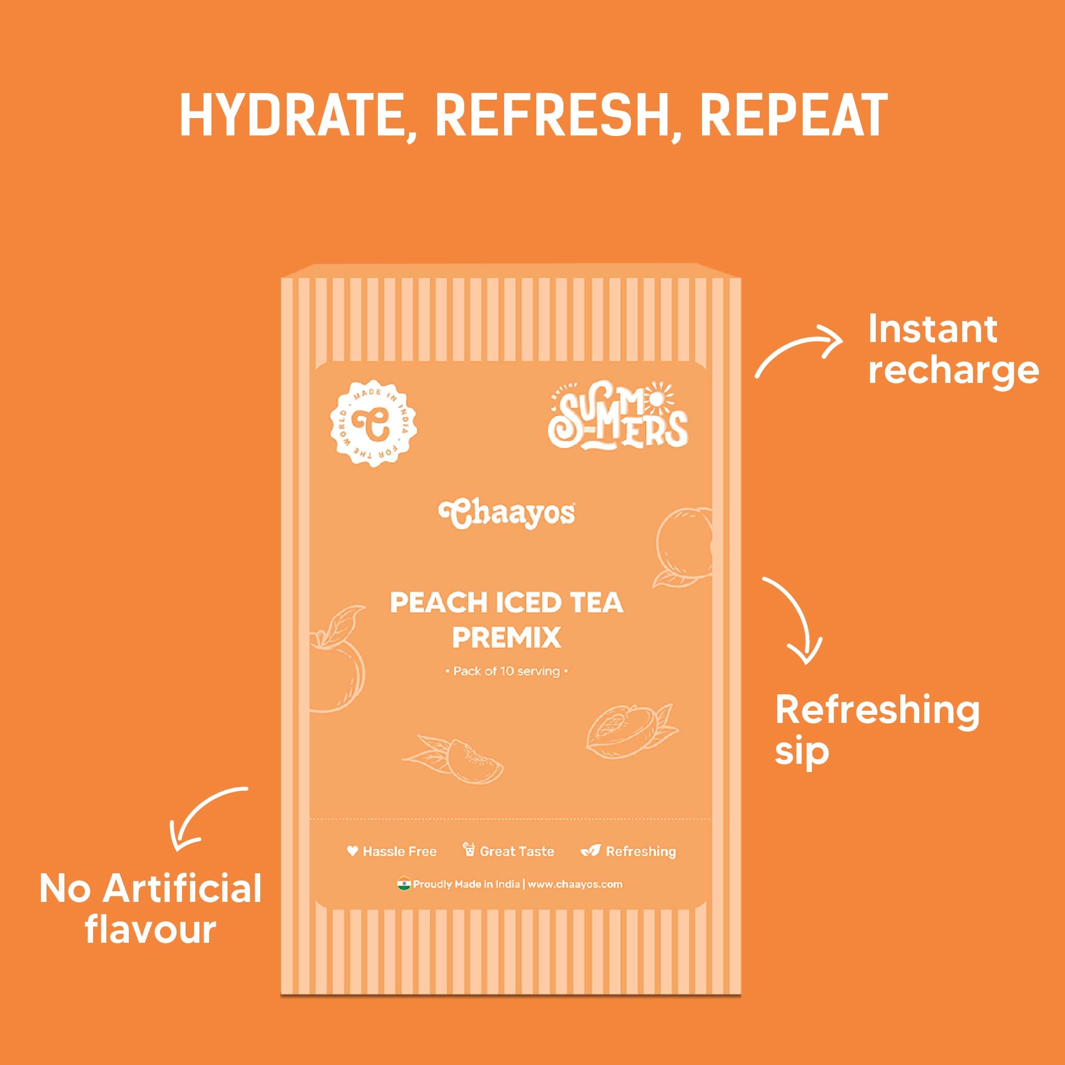 Chaayos Peach Instant Ice Tea Premix - Refreshing Energy Drink, Pack of 10 Sachets