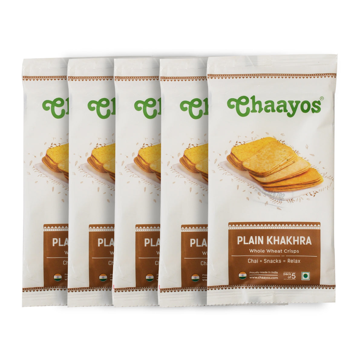 Chaayos Plain Khakhra Whole Wheat Crips, travel friendly Snacks, tea snacks (35g x pack of 5)