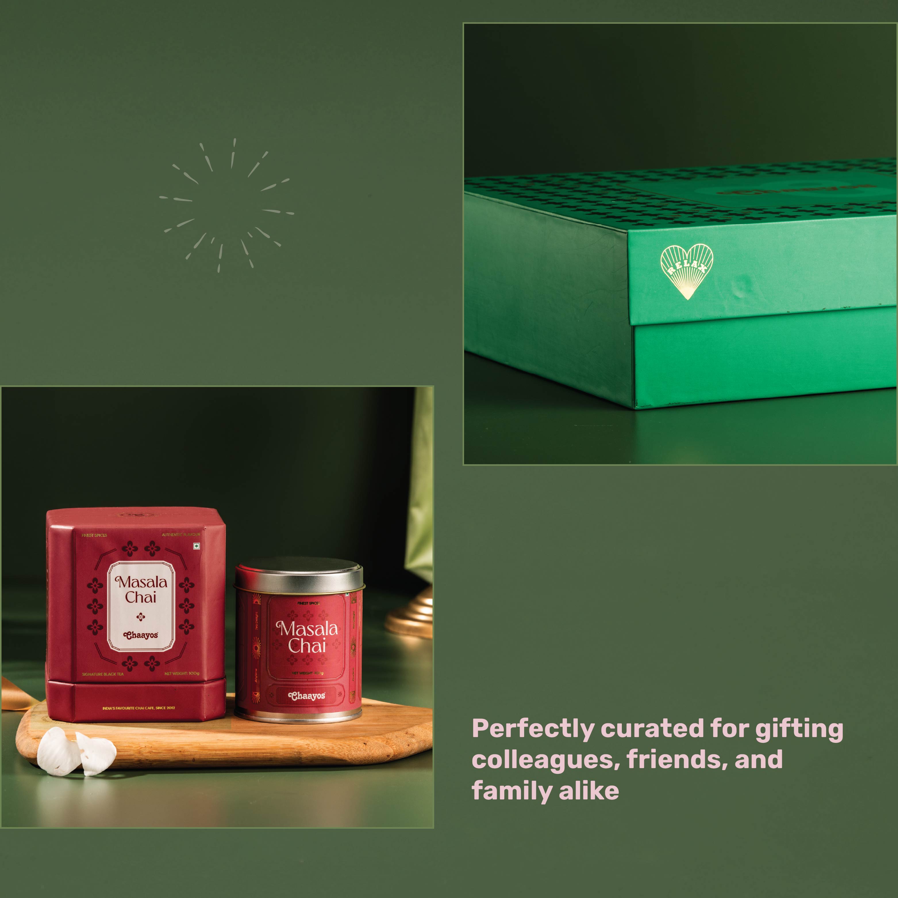 Chaayos Divine Diwali Gift Box | Diwali gift Hamper with that includes Chai tin (Masala chai & Adrak Elaichi), 2 Ceramic Kulhads (Pink & Green), Set of 2 Diyas, Diwali Playing Cards, Gur Para for Family & Friends | Premium Diwali Gift Set