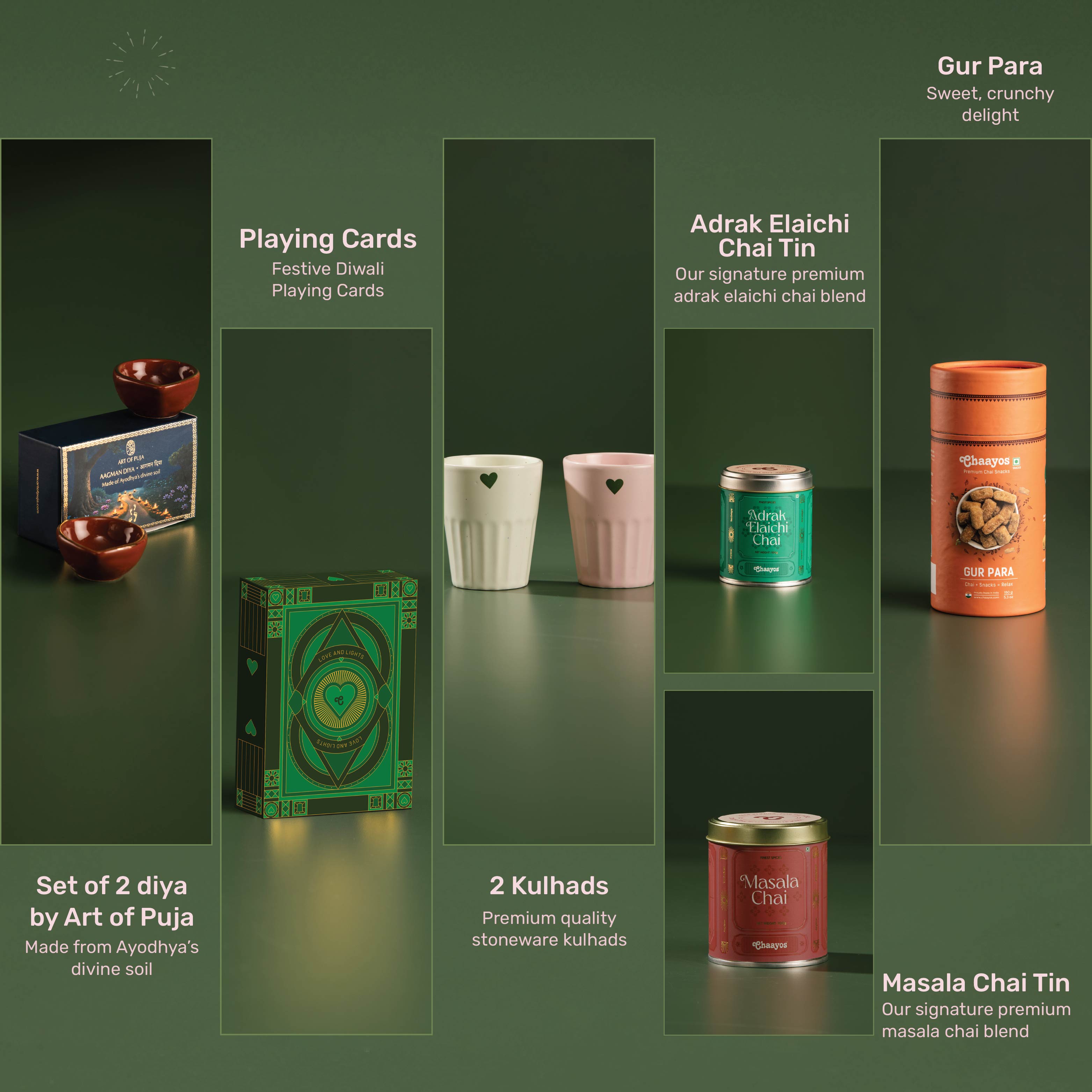 Chaayos Divine Diwali Gift Box | Diwali gift Hamper with that includes Chai tin (Masala chai & Adrak Elaichi), 2 Ceramic Kulhads (Pink & Green), Set of 2 Diyas, Diwali Playing Cards, Gur Para for Family & Friends | Premium Diwali Gift Set
