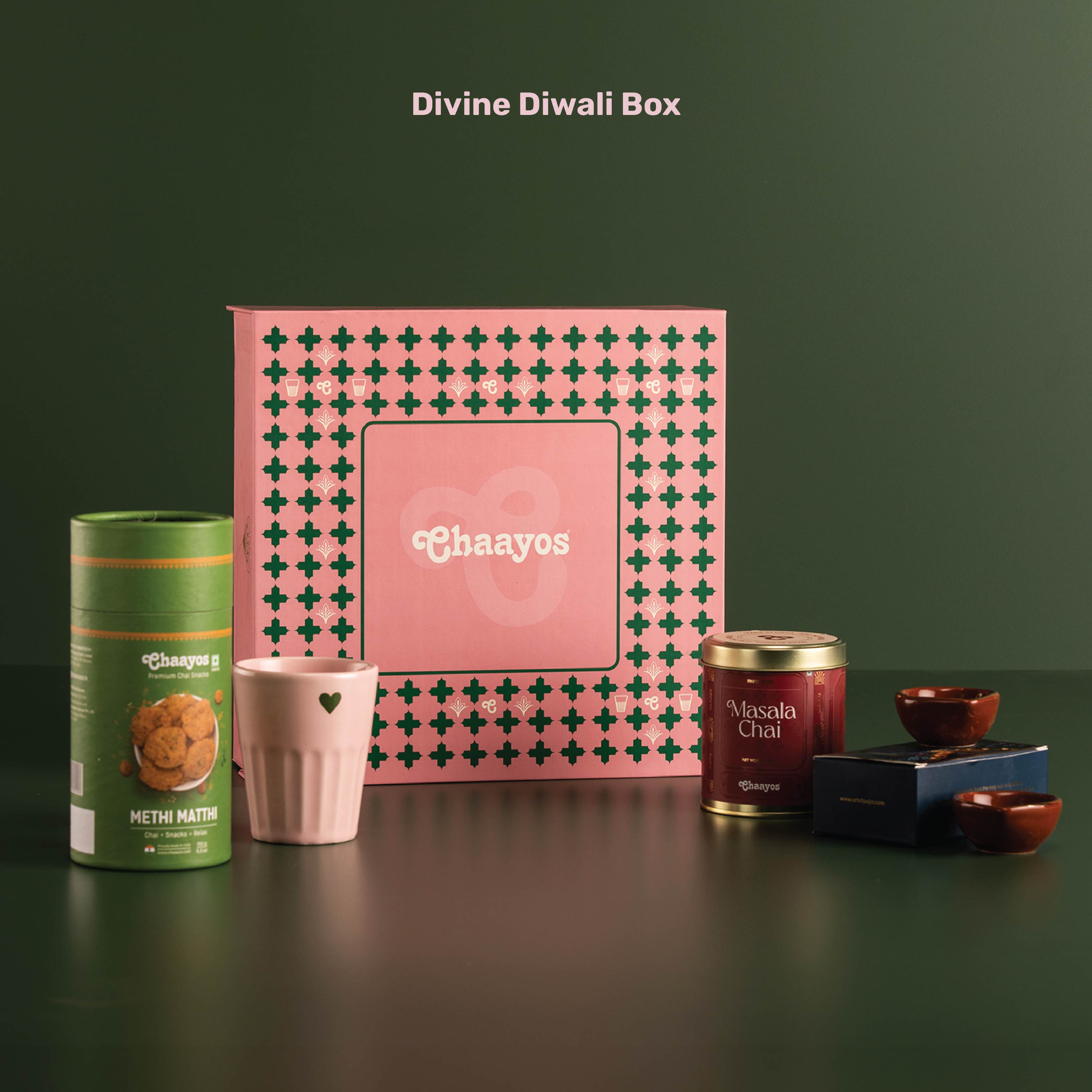 Chaayos Divine Diwali Gift Box | Diwali gift Hamper with Chai Tin Box, Ceramic Cup, Set of 2 Diyas, Methi Mathri for Family & Friends | Premium Diwali Gift Hamper