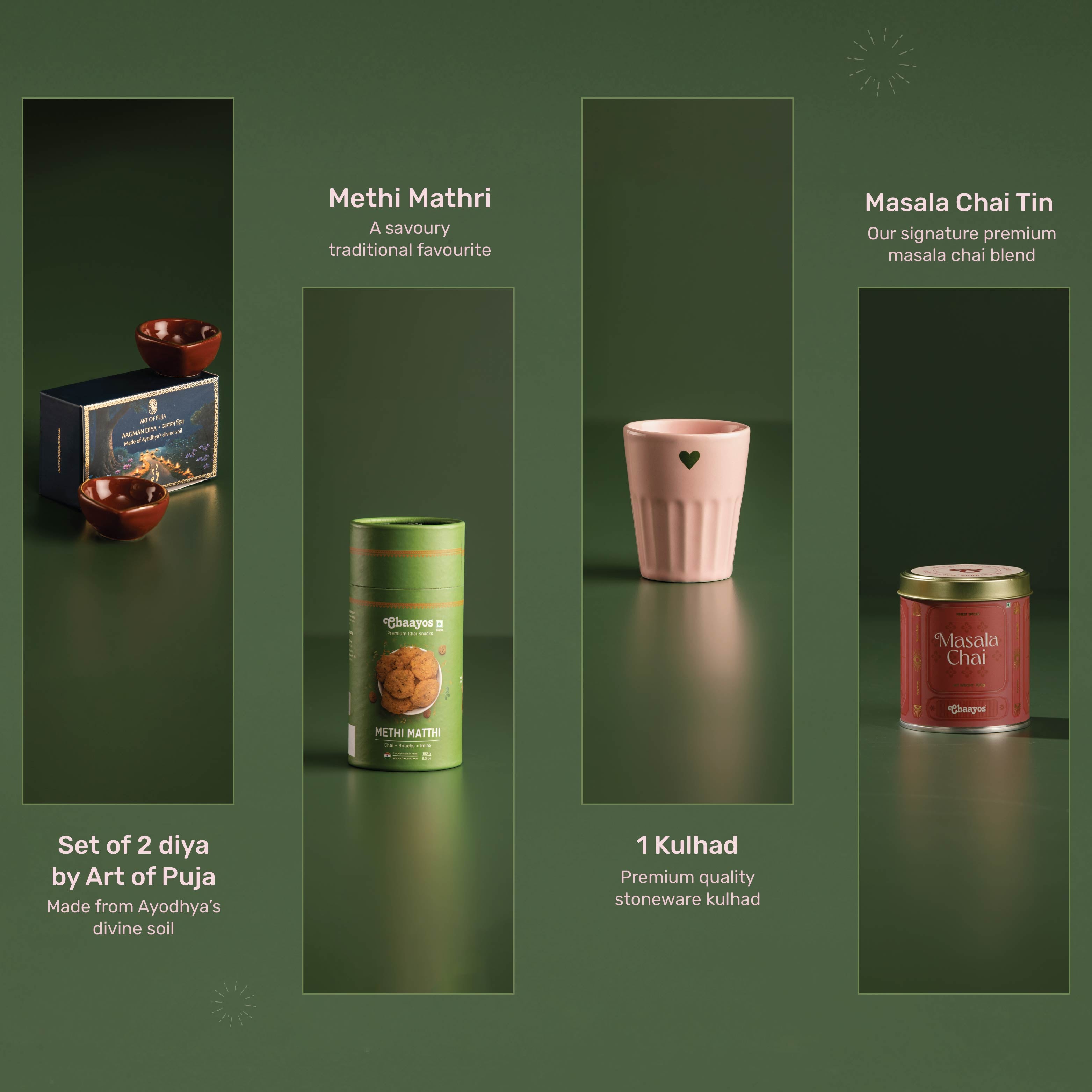 Chaayos Divine Diwali Gift Box | Diwali gift Hamper with Chai Tin Box, Ceramic Cup, Set of 2 Diyas, Methi Mathri for Family & Friends | Premium Diwali Gift Hamper