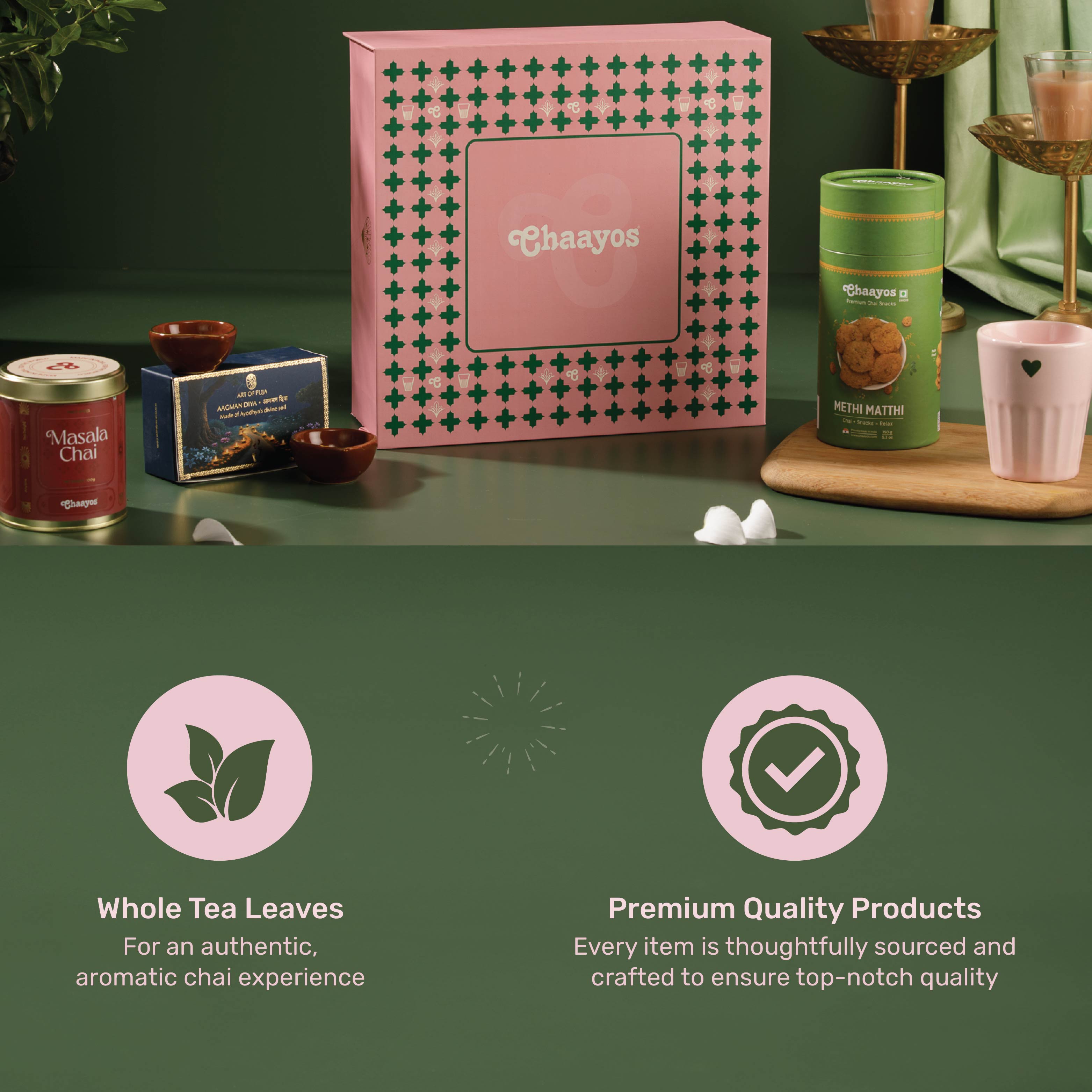 Chaayos Divine Diwali Gift Box | Diwali gift Hamper with Chai Tin Box, Ceramic Cup, Set of 2 Diyas, Methi Mathri for Family & Friends | Premium Diwali Gift Hamper