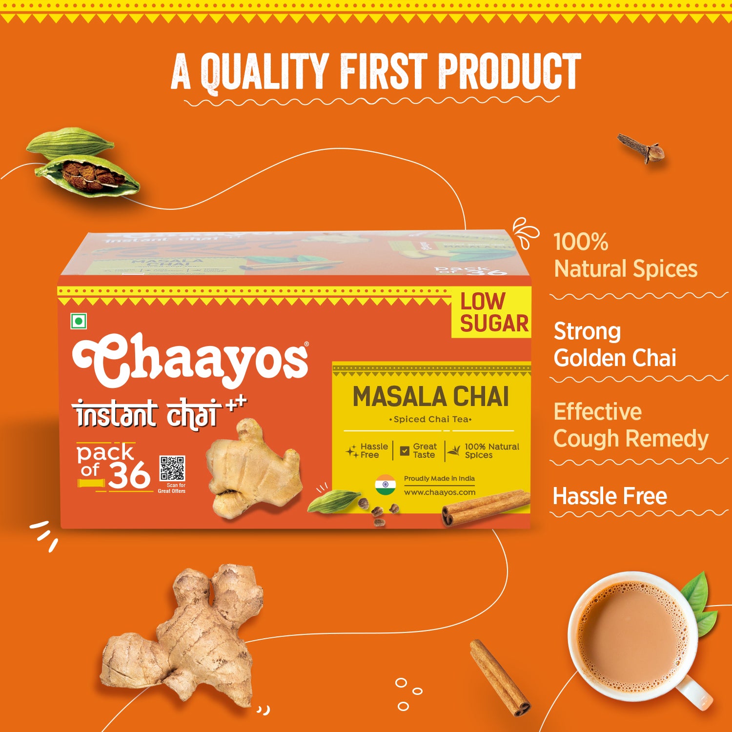 Chaayos Instant Tea Premix - Masala Flavour - Low Sugar (36 Sachets) | Instant Tea | Tea Premix | Masala Tea