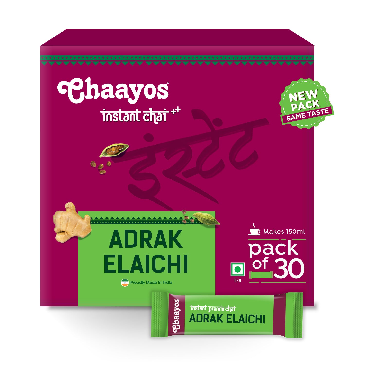 Chaayos Instant Tea Premix - Adrak Elaichi Flavour - Regular Sugar (30 Sachets) | Adrak Elaichi Instant Tea