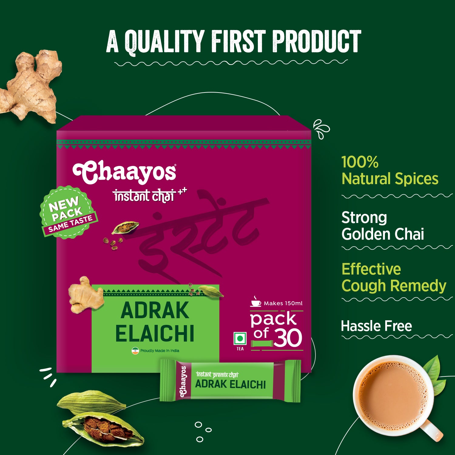Chaayos Instant Tea Premix - Adrak Elaichi Flavour - Regular Sugar (30 Sachets) | Adrak Elaichi Instant Tea